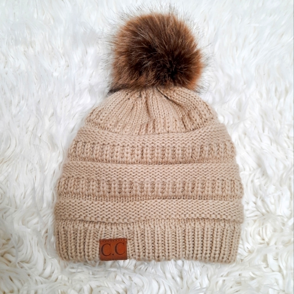 C.C Solid Ribbed Knit Beanie With Pom